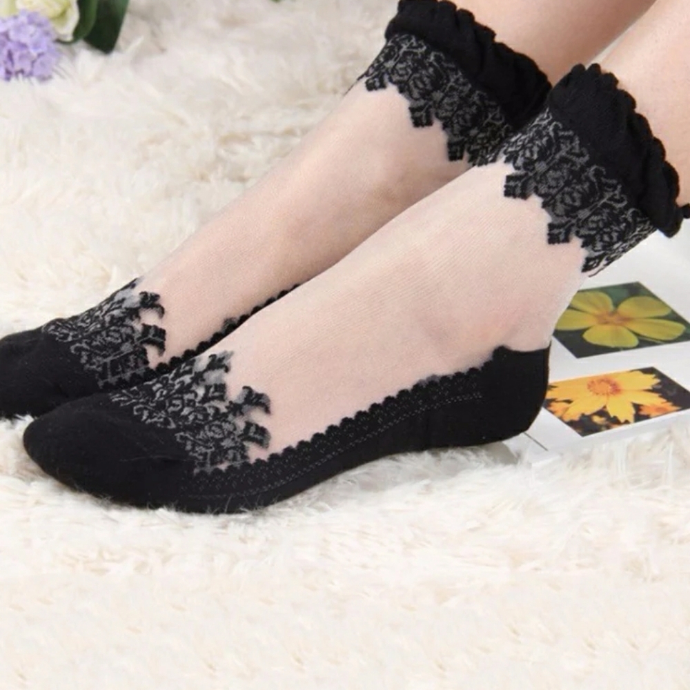 🎃🕸️ Wednesday Adams Style Embroidered Sheer Lace Socks 🏆HP🏆 - Picture 3 of 8